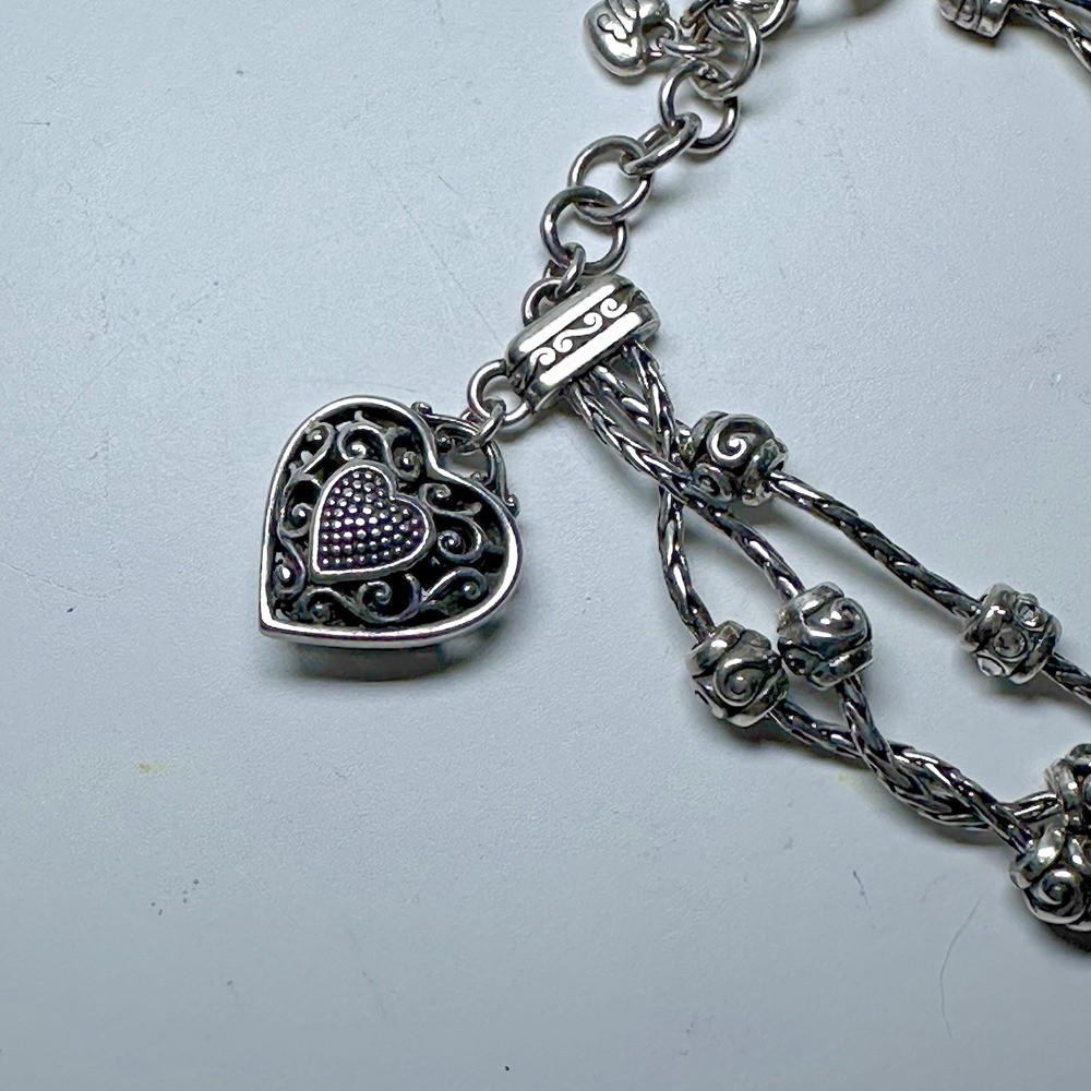 Brighton Silver Plated Reno Heart Triple Strand Heart Charms Clear Crystals - Picture 2 of 7